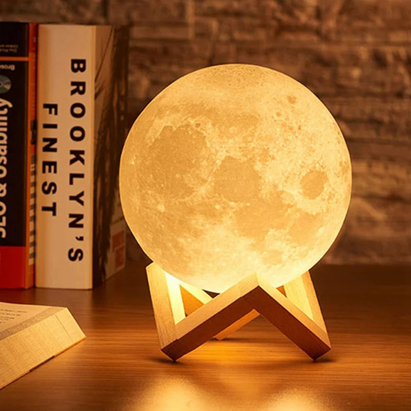 Abajur Luminária Lua Cheia 3d Majestic Led De Mesa Sem Fio Quarto Cúpula Branco Estrutura Marrom-claro