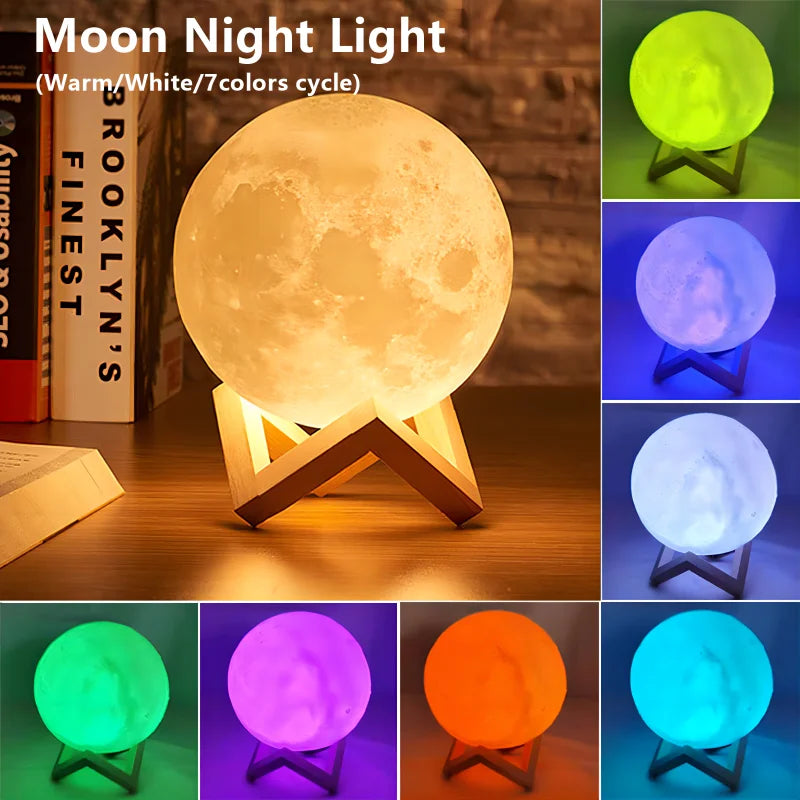 Abajur Luminária Lua Cheia 3d Majestic Led De Mesa Sem Fio Quarto Cúpula Branco Estrutura Marrom-claro